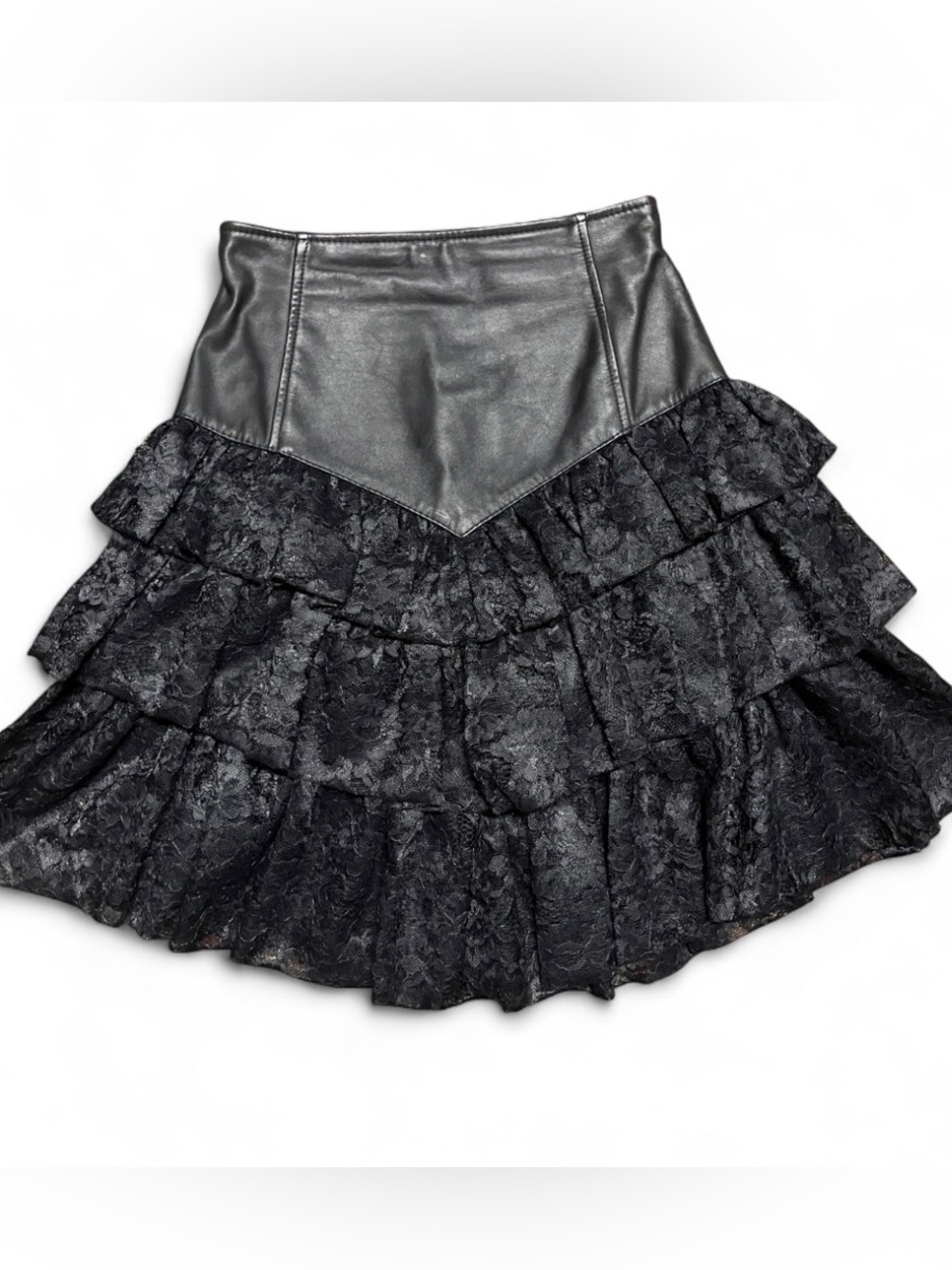 Vintage Chia Black Gothic Romantic Leather Lace Tiered Ruffle Skirt Indie Size 6